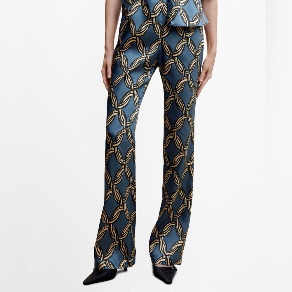 NWT Mango Satin Printed Trousers Flowy Pants Geometric Chains M Italian Fabric
